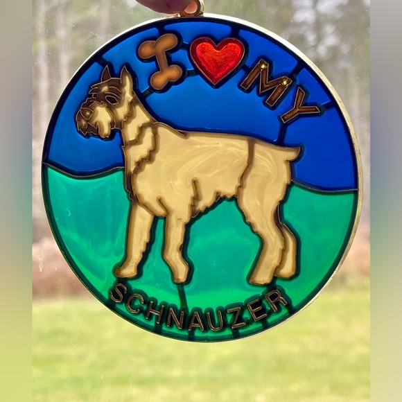 Vintage I Love My Schnauzer Dog Stained Glass Style Sun Catcher 4.25 Inch Round - Picture 2 of 5